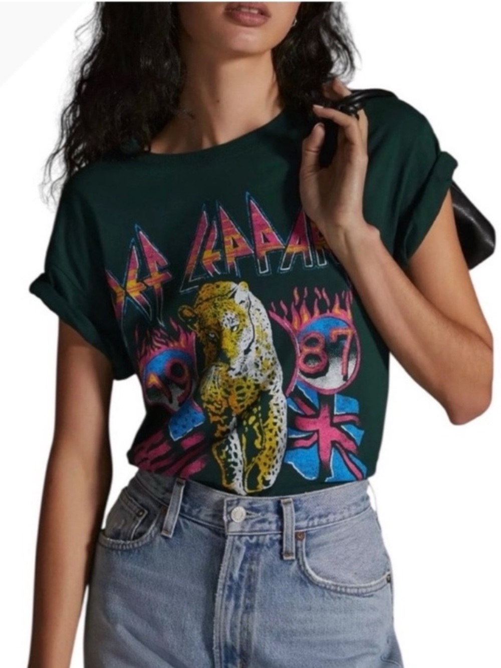 Letluv by Anthropologie Def Leppard Green Tee Size Small